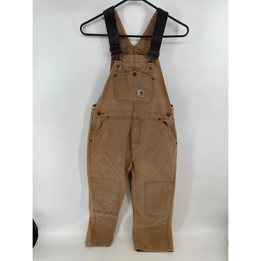 Carhartt Overalls Kids Size 10 Brown Good Double Knee Canvas Bib Workwear